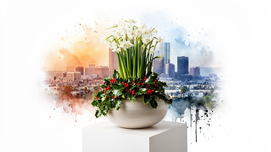 White paperwhite flowers, holly, and red berries in a vase on a pedestal, with a watercolor cityscape.