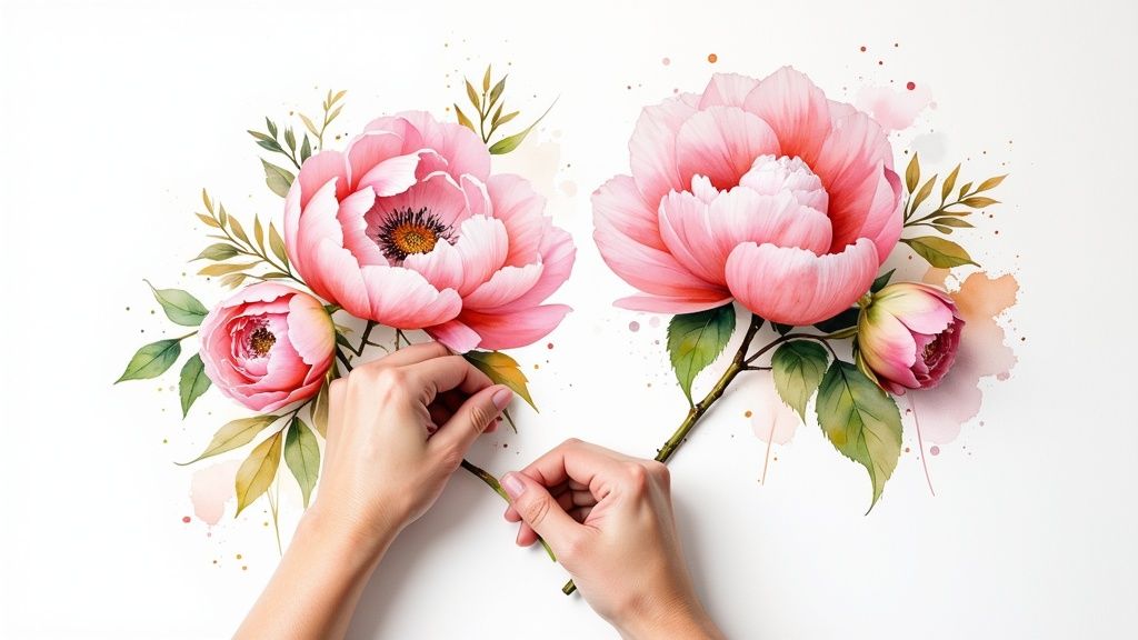Two hands gently arranging beautiful pink watercolor flowers with green leaves on a white background.
