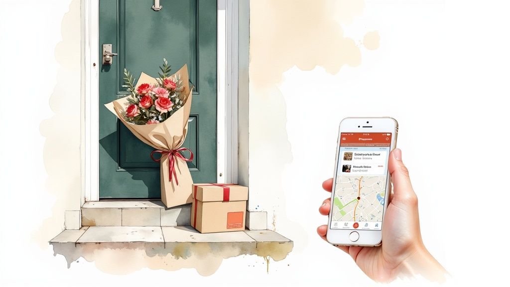 A bouquet of roses and a gift box on a doorstep, with a hand tracking delivery on a smartphone.