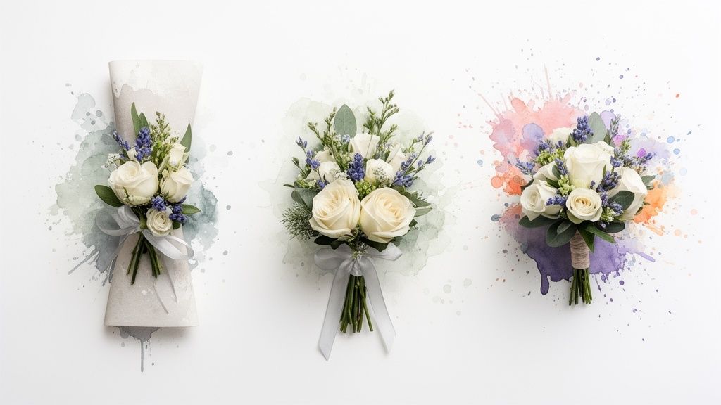 Three elegant white rose and lavender bouquets with green foliage on a white background with watercolor splashes.