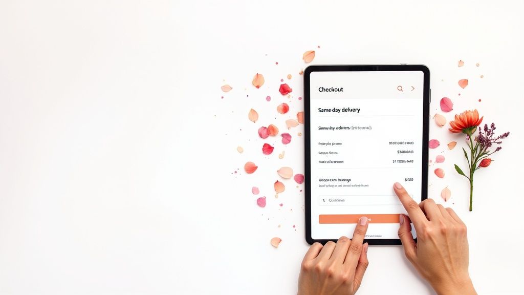 A person typing on a laptop to finalize a flower order, with a beautiful bouquet visible nearby.