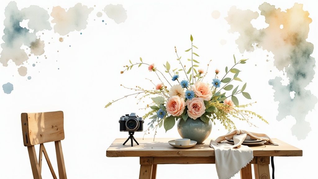 A rustic wooden table with a vibrant floral arrangement, camera, teacup, and napkin, set against a watercolor background.