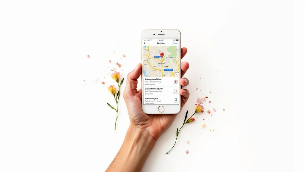 A close-up of a person's hands scrolling on a smartphone, with a map app open showing local flower shops.