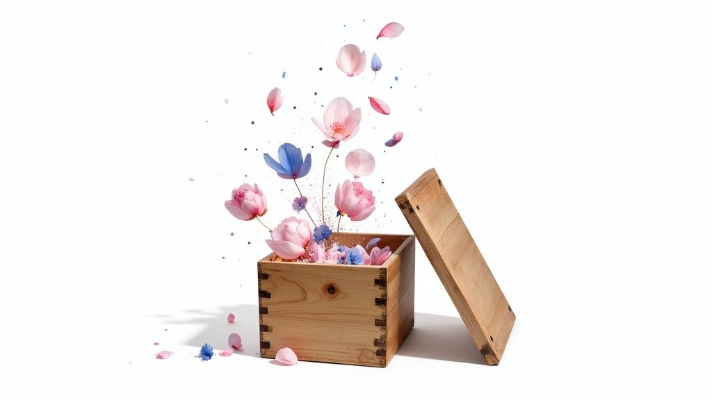 Pink and blue flowers and petals burst out of an open wooden box on a white background.