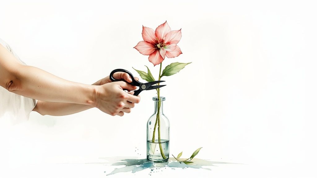 Freshly cut flowers being prepared for a vase
