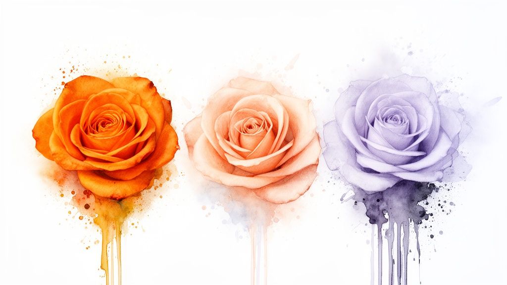 Three vibrant watercolor roses in orange, peach, and lavender with artistic drip effects on white.