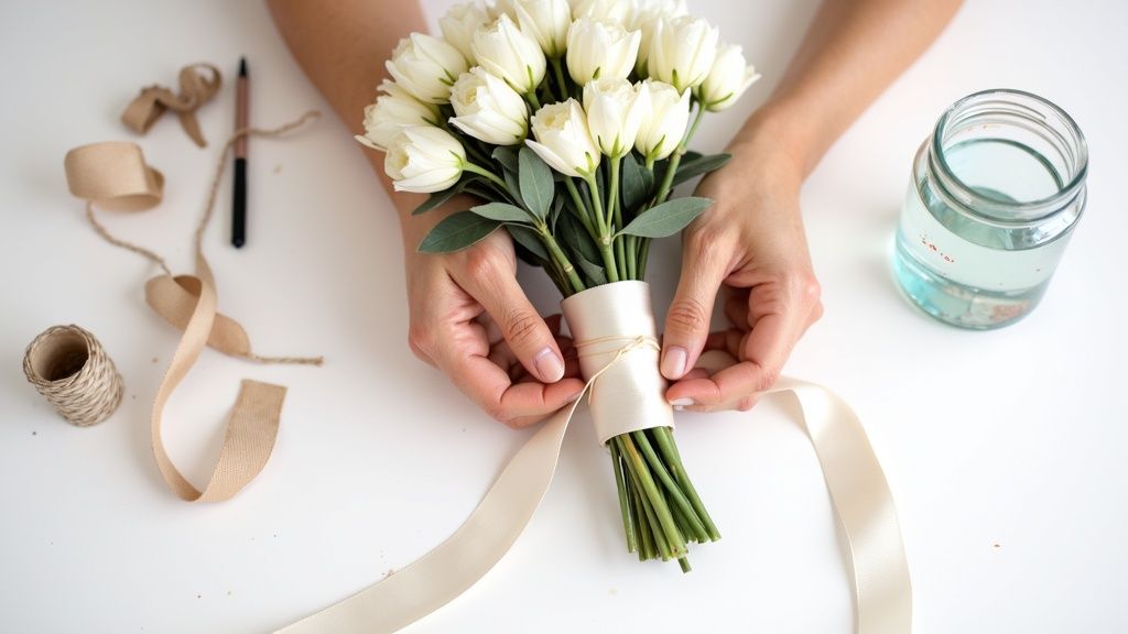 Hands tying a cream ribbon around a beautiful white tulip bouquet, with crafting supplies nearby.