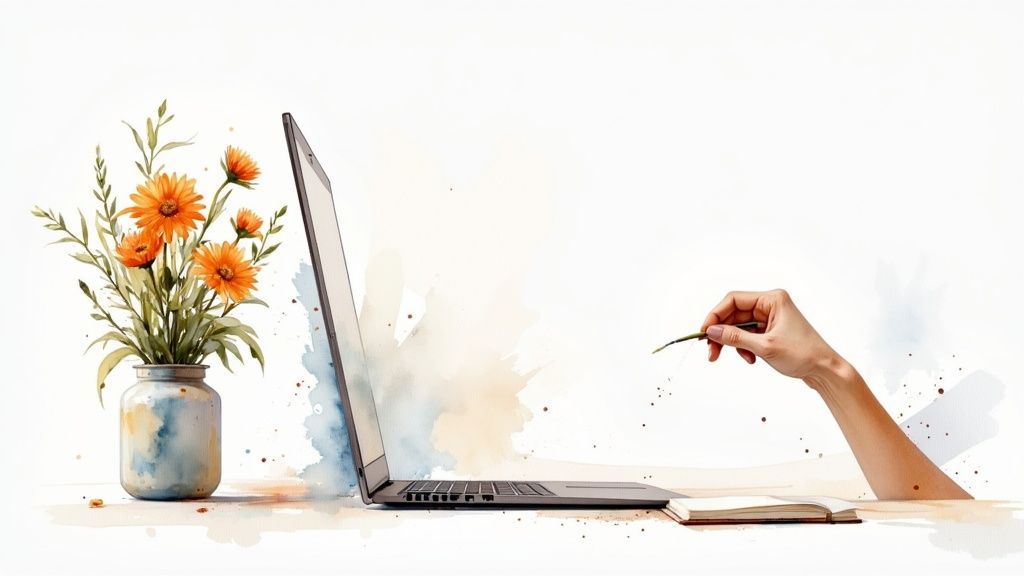 Hand holding paintbrush near laptop with orange flowers in vase on desk workspace