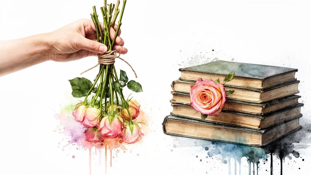 Watercolor artwork: a hand holding fresh roses next to a stack of vintage books with a rose.