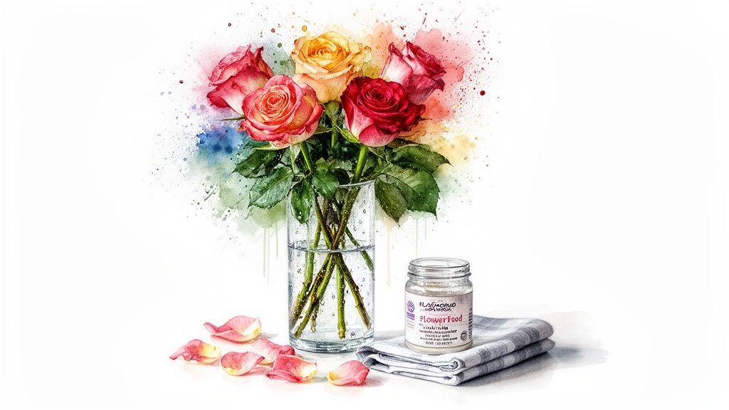 A watercolor painting of a vibrant bouquet of roses in a vase with flower food and scattered petals.