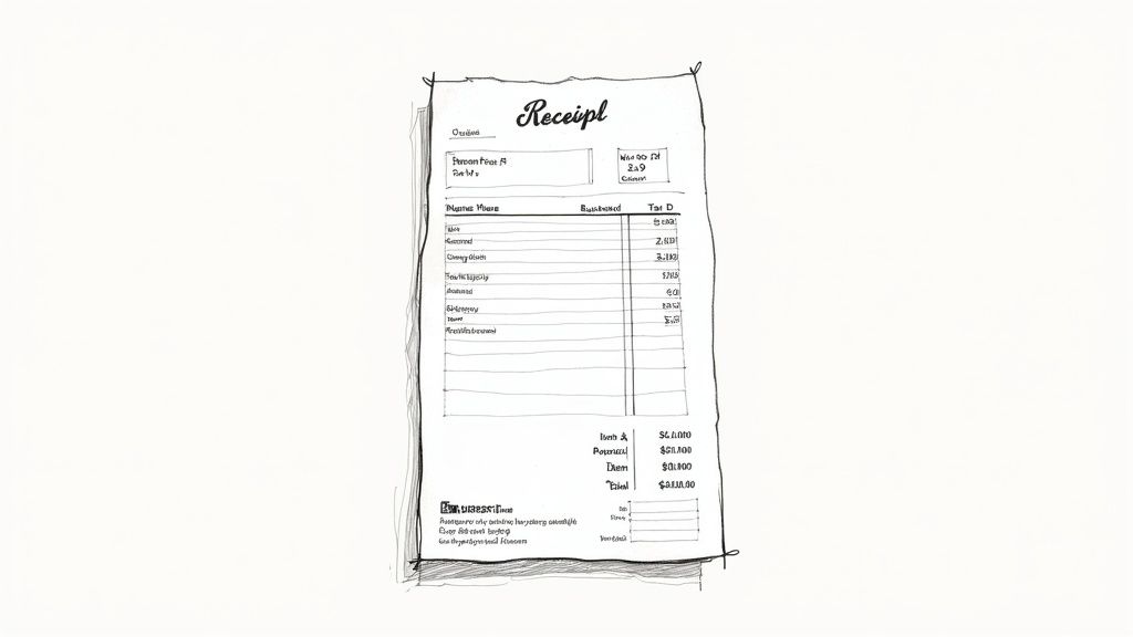 A close-up of a neatly printed receipt showing itemized details and totals.