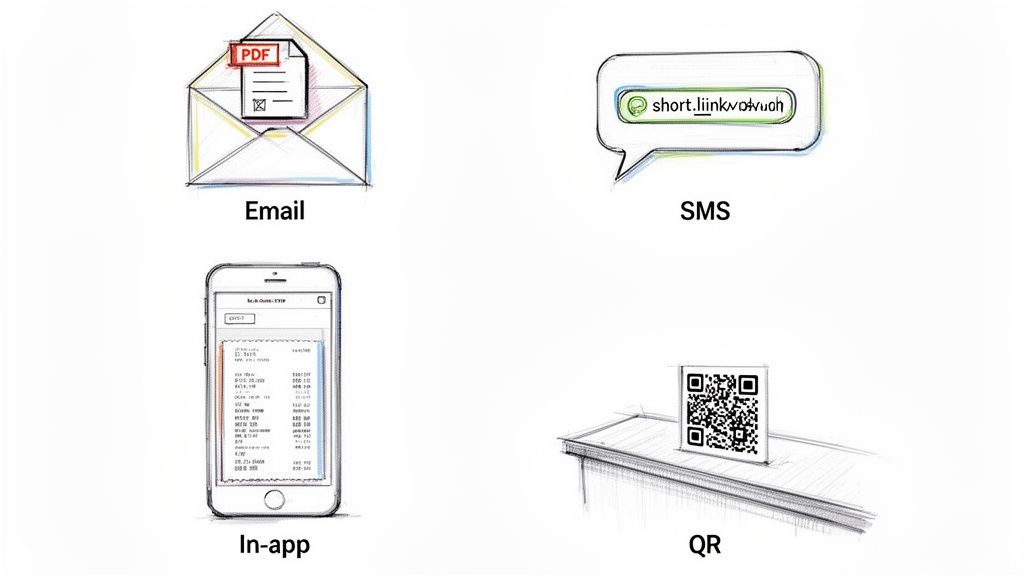 Four illustrations showing various methods to receive digital receipts: Email, SMS, In-app, and QR code.