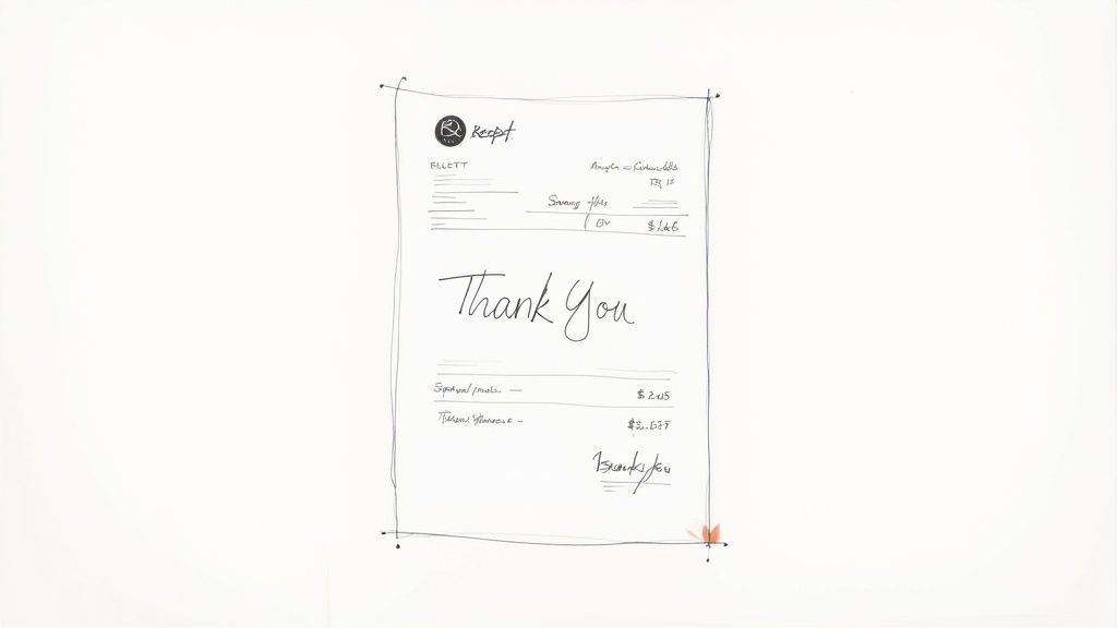 A close-up of a receipt with a company logo and a friendly 'Thank you' message.