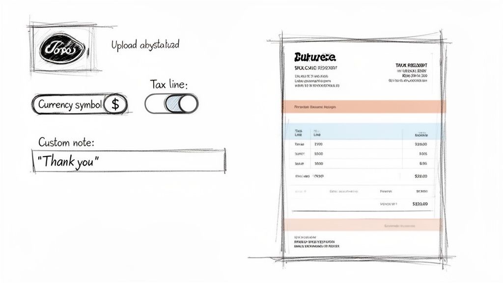 A sketch of a digital receipt template with UI controls for currency, tax, and custom notes.
