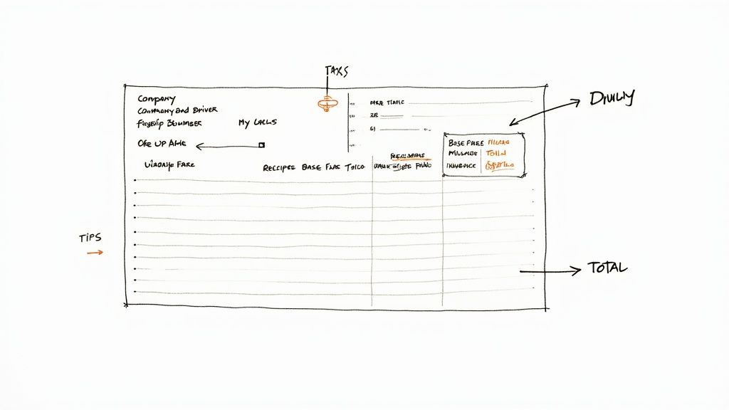 A detailed breakdown of the components of a professional taxi receipt.
