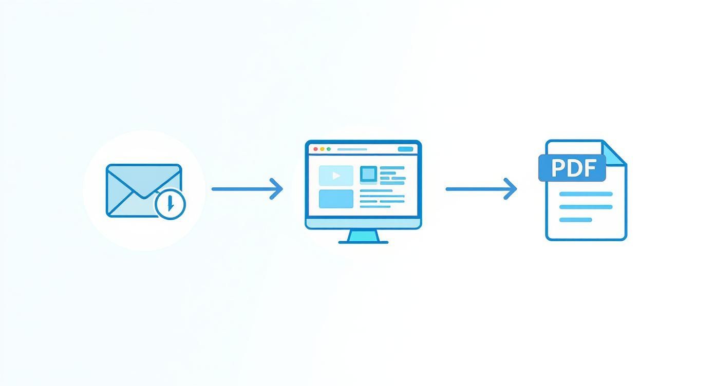 Workflow diagram showing email attachment converting to web preview then PDF document format
