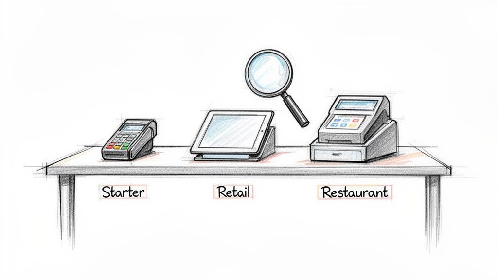 Illustration comparing starter, retail, and restaurant point-of-sale systems on a table with a magnifying glass.