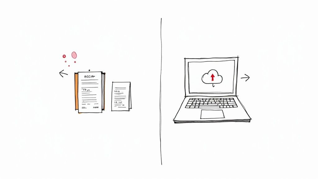 A person using a laptop and a printer, illustrating the choice between digital and paper receipts.