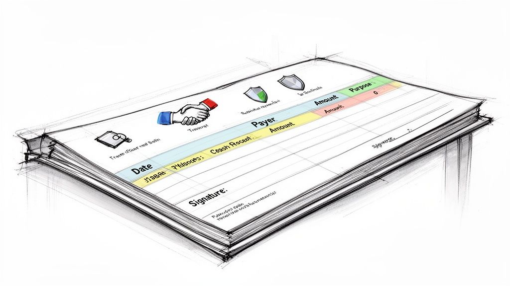 A hand-drawn sketch of a cash receipt book with columns for date, payer, amount, and purpose.