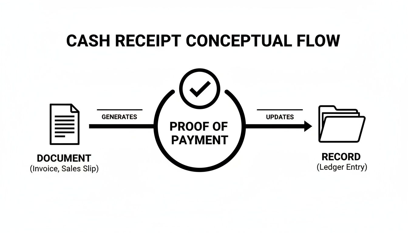 Conceptual flow diagram illustrating how a document generates proof of payment, updating a financial record.