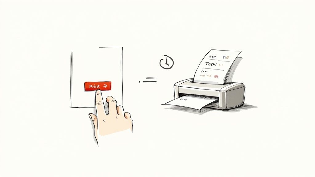 Hand pressing print button on mobile device with printer producing receipt illustration