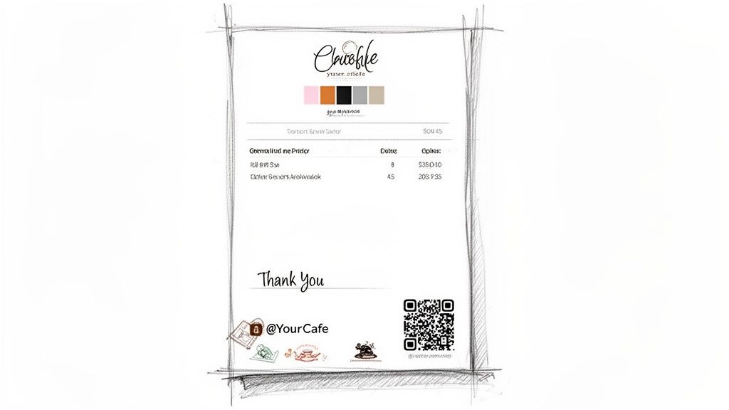 A hand-drawn, artistic receipt from ChocoLife cafe, detailing items, prices, a 'Thank You' message, and a QR code.