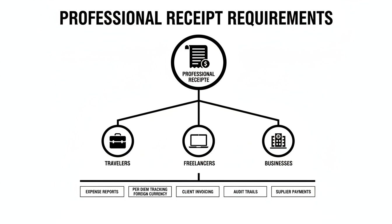 Flowchart detailing professional receipt requirements for various user types.