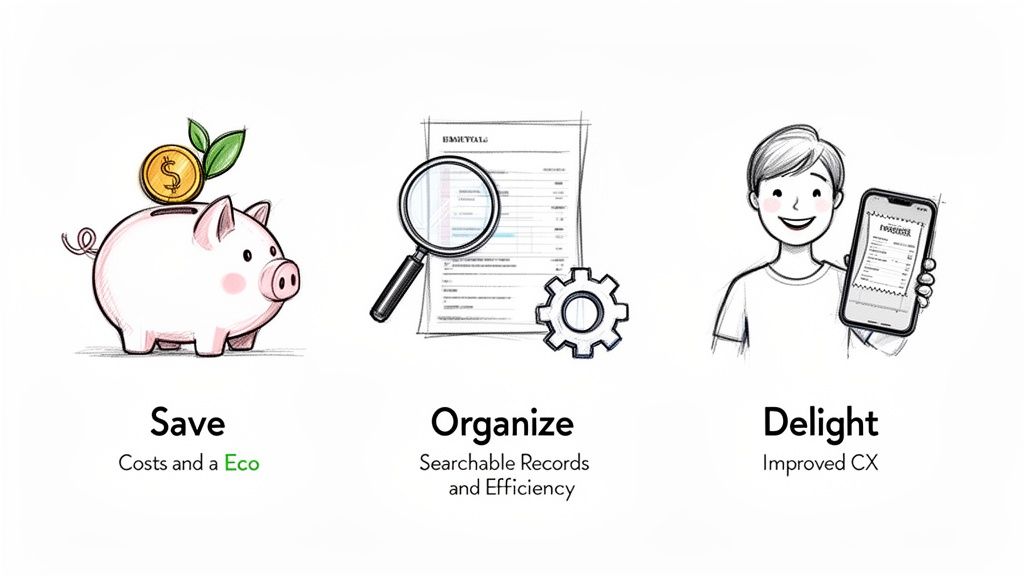 Three illustrations showing concepts of saving money, organizing records, and delighting customers with digital receipts.