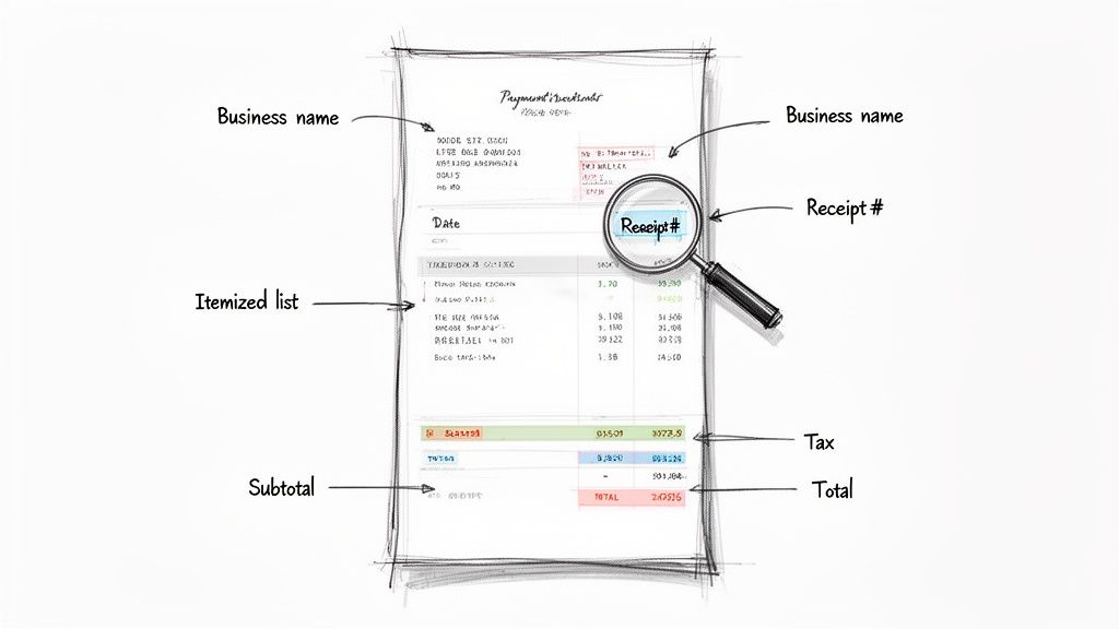 Hand-drawn payment receipt sketch labeling fields like business name, itemized list, subtotal, tax, and total.