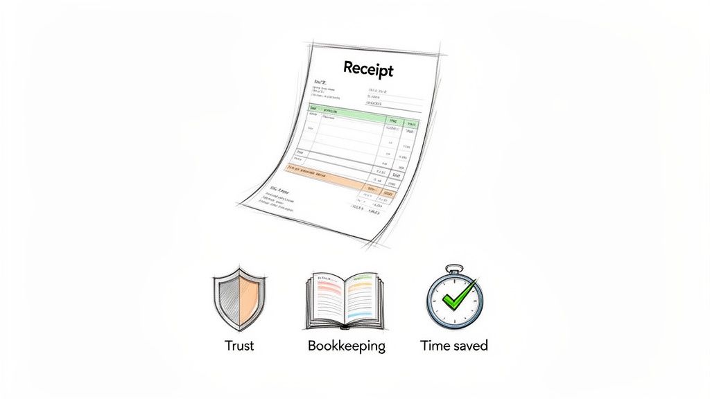 A hand-drawn illustration of a receipt with icons for trust, bookkeeping, and time saved.