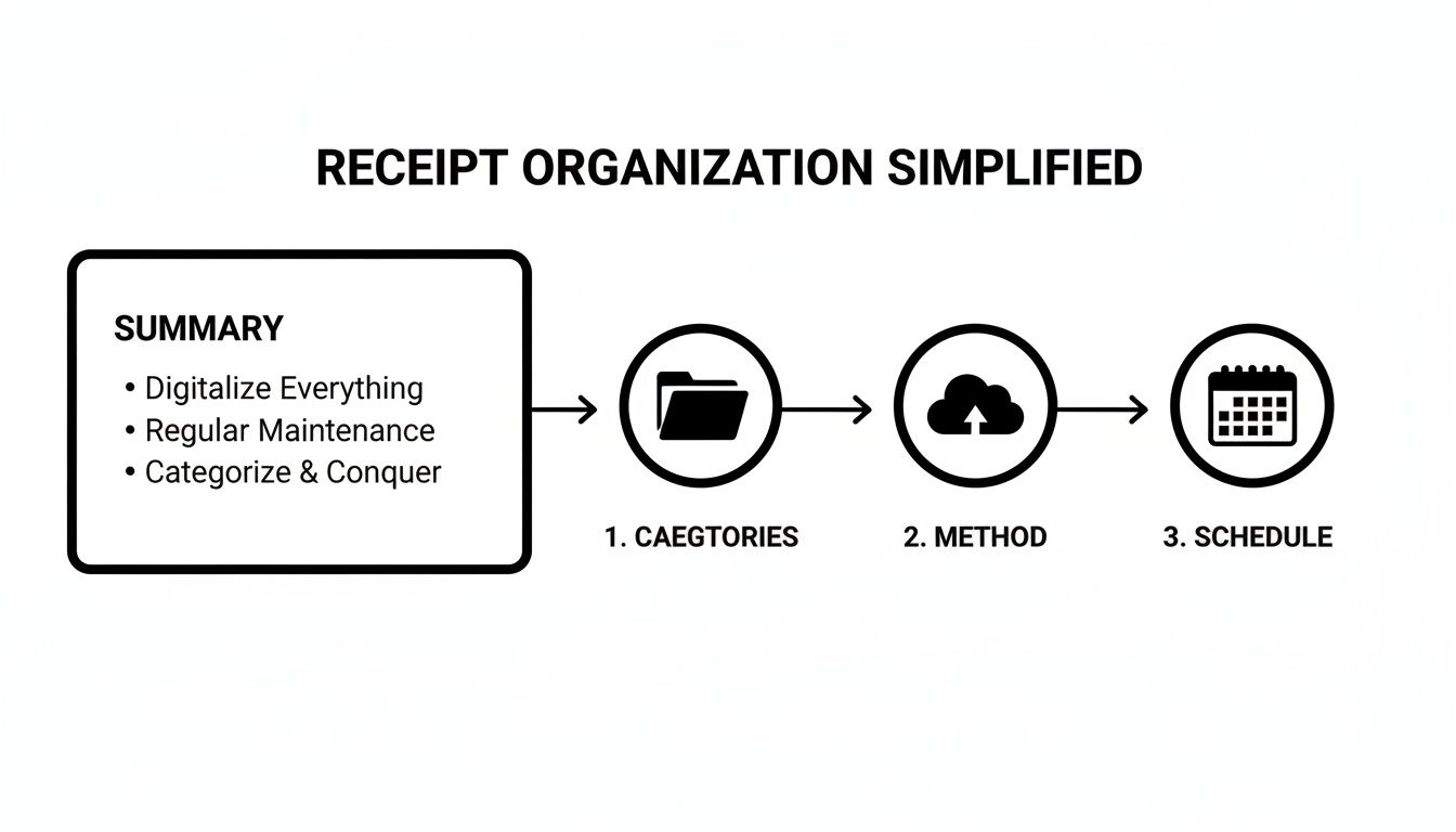 A simplified workflow for receipt organization, including digitalization, maintenance, categorization, categories, cloud storage, and scheduling.