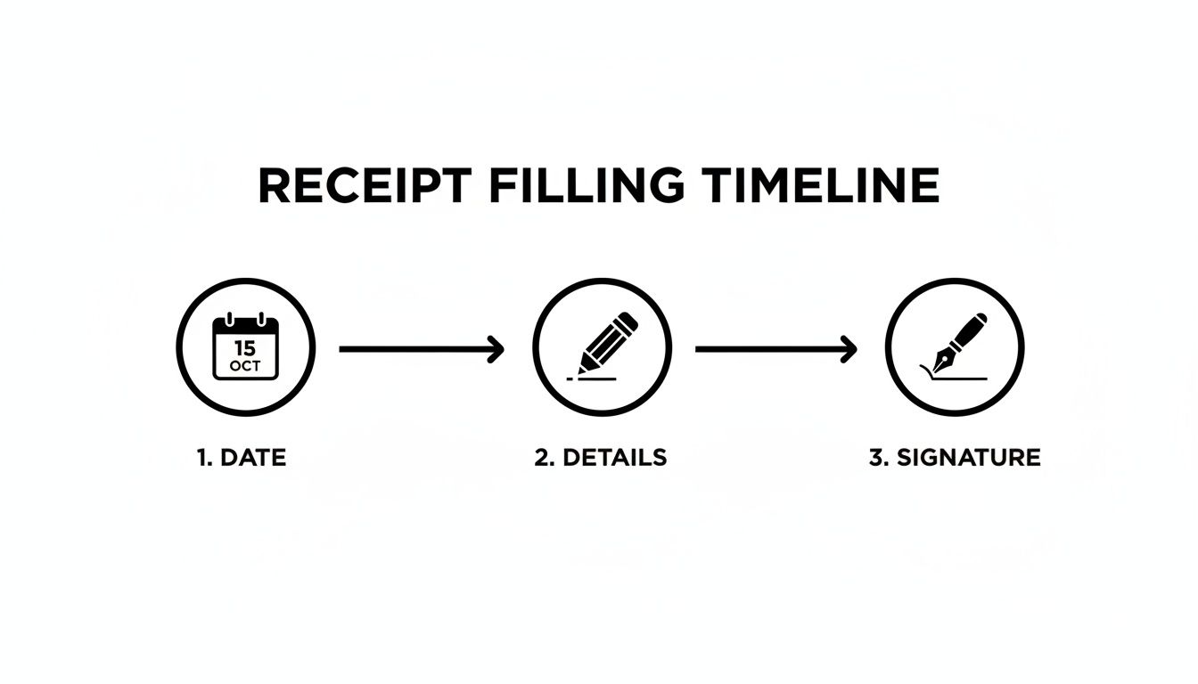 A receipt filling timeline illustrating three steps: date, details, and signature, each with a relevant icon.