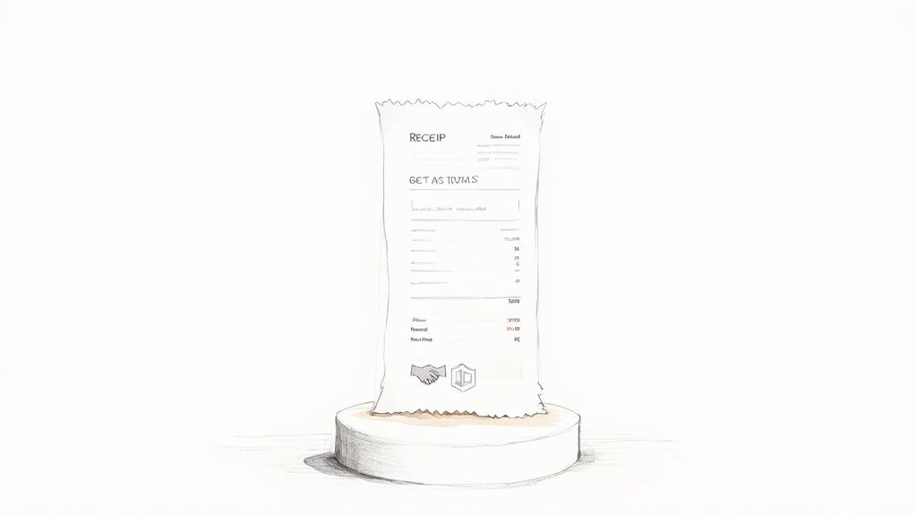 A person holding a receipt next to a point-of-sale terminal, symbolizing a completed transaction.