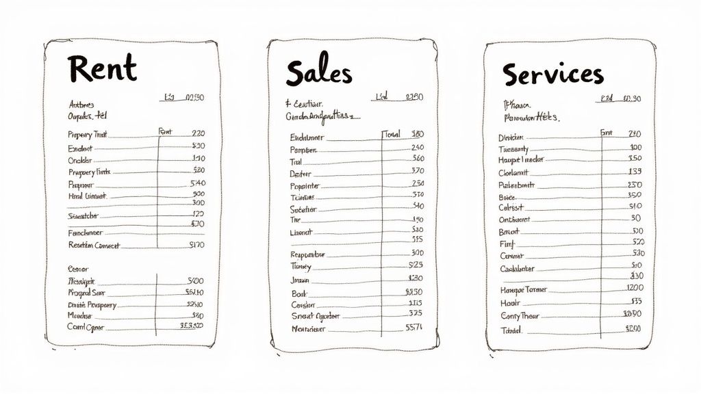 An array of different receipt templates showing options for various business types.