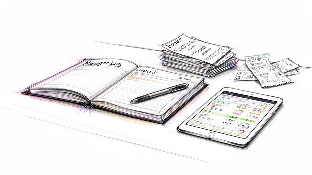 Digital sketch of a manager's log, receipts, pen, and a tablet displaying financial information.