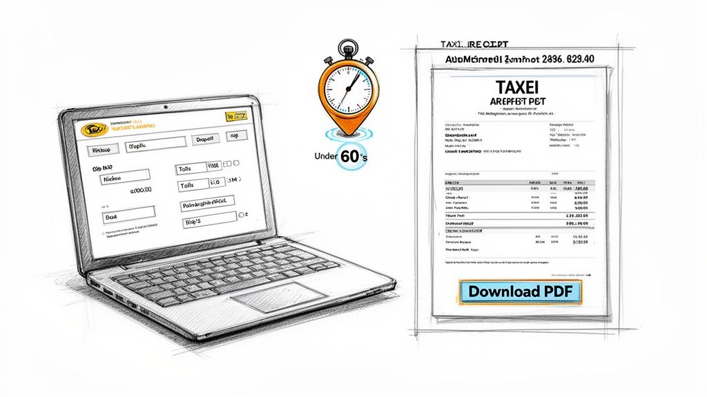 A sketch of a laptop with a taxi receipt form, a stopwatch, and a printable receipt with a download button.