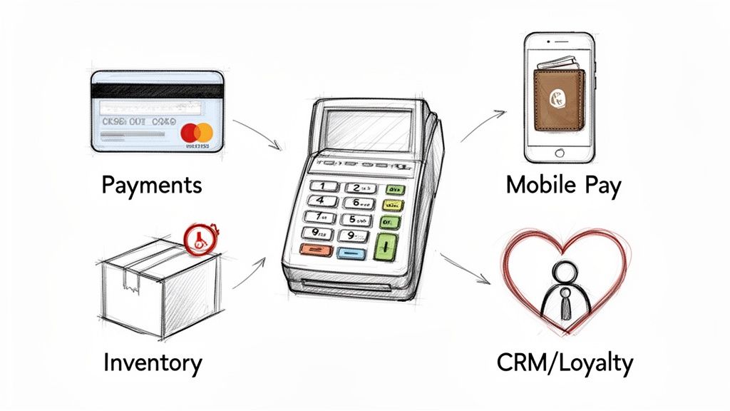 A diagram illustrates a central POS terminal connecting to payments, mobile pay, inventory, and CRM/loyalty.