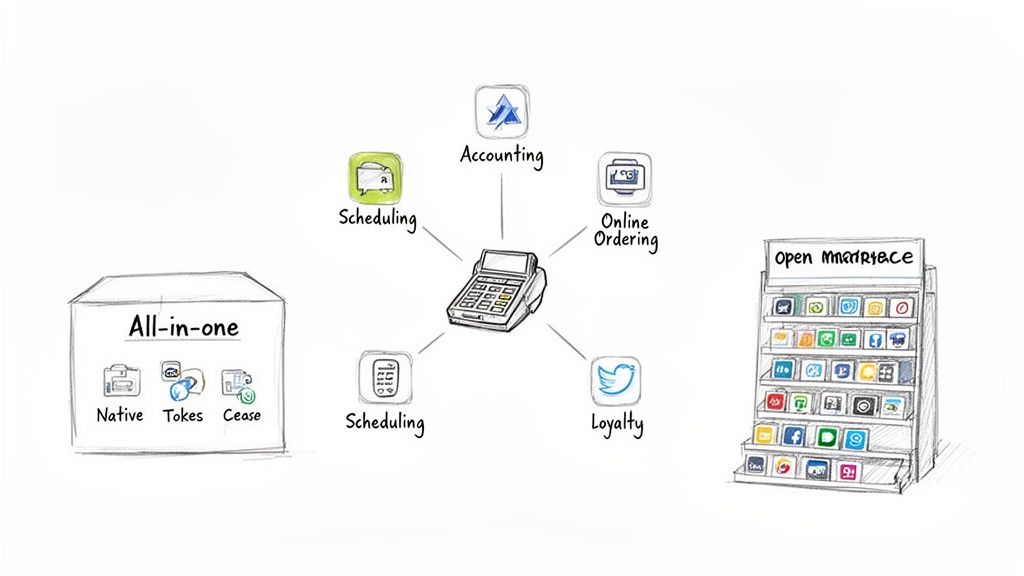 Diagram comparing an all-in-one POS system, integrated POS with specific apps, and an open marketplace of restaurant applications.