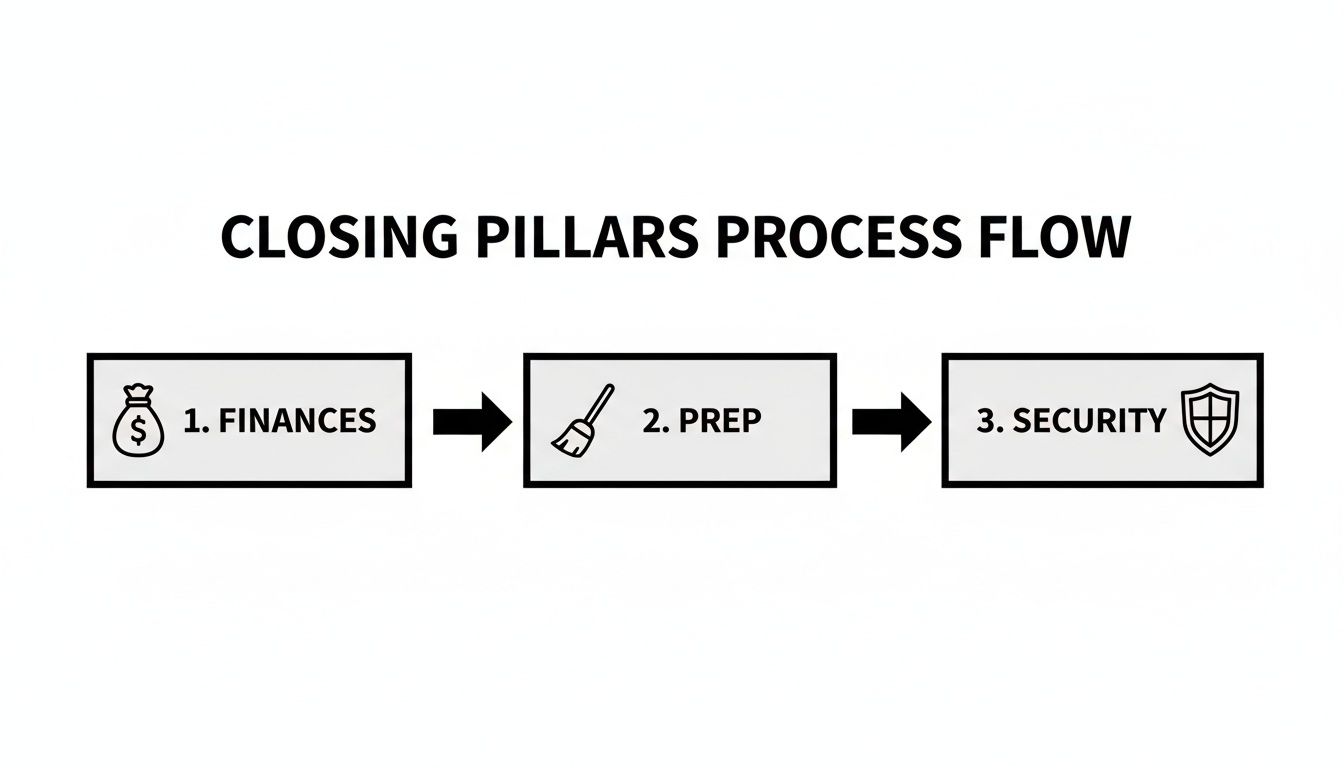 A process flow diagram titled 'Closing Pillars Process Flow' with three steps: Finances, Prep, and Security.