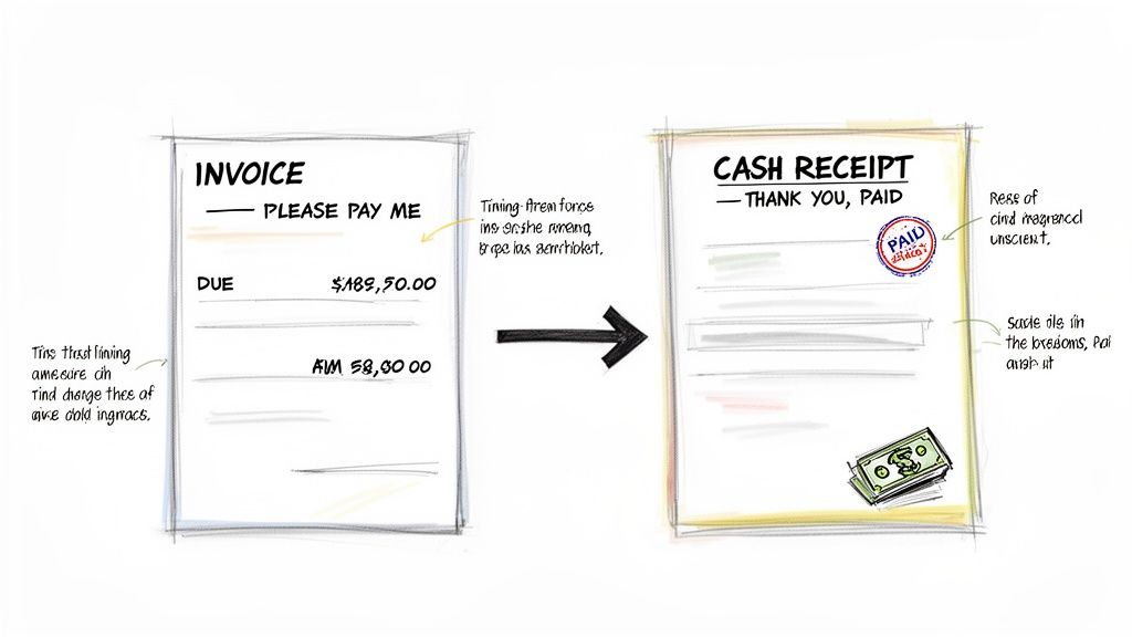 A hand-drawn illustration showing an invoice transforming into a cash receipt after payment.
