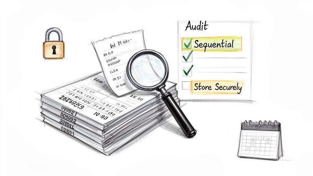 Hand-drawn illustration of audit concepts: secure sequential record keeping with a magnifying glass.