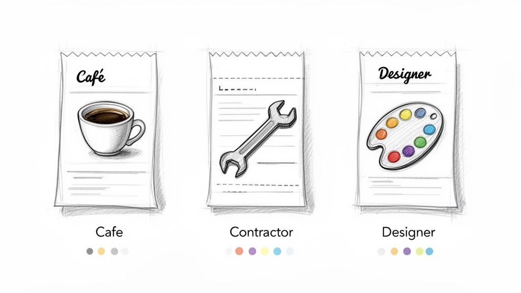 Three hand-drawn receipts with icons: coffee cup for cafe, wrench for contractor, and artist's palette for designer.