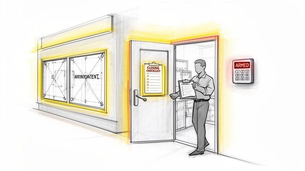 A man reviews a closing checklist inside a retail store, with a security panel displaying 'ARMED'.