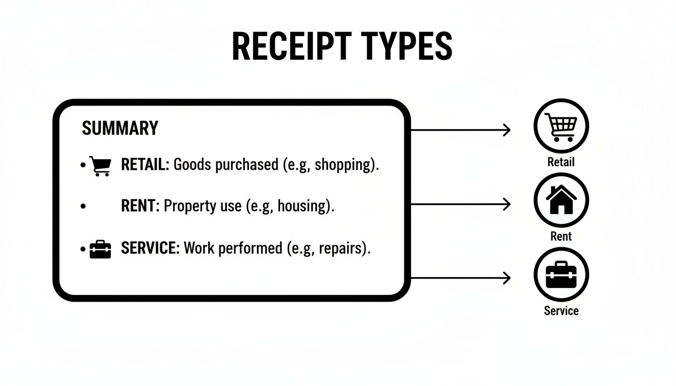 Diagram showing three receipt types: retail (goods), rent (property), and service (work performed).