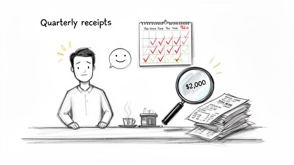 Illustration of a man organizing a pile of quarterly receipts, with a calendar and a magnifying glass showing "$2,000".