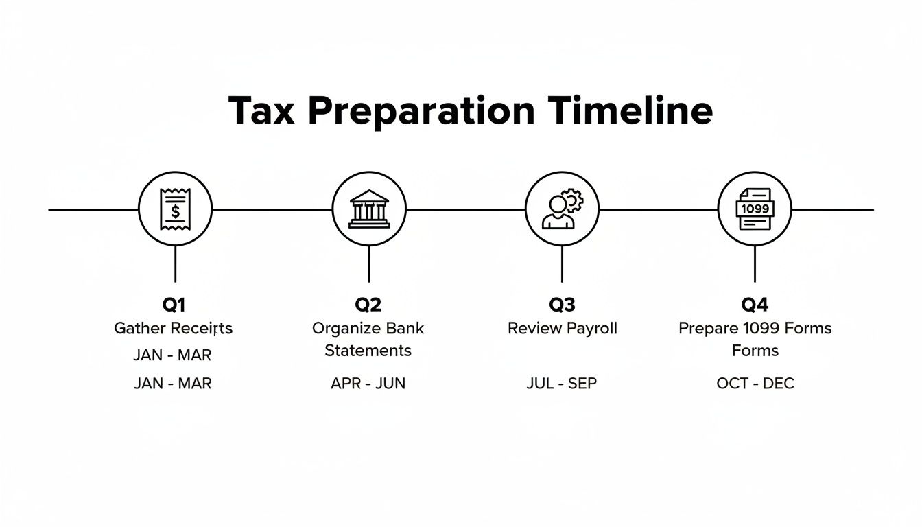 A tax preparation timeline showing quarterly tasks from gathering receipts to preparing 1099 forms throughout the year.
