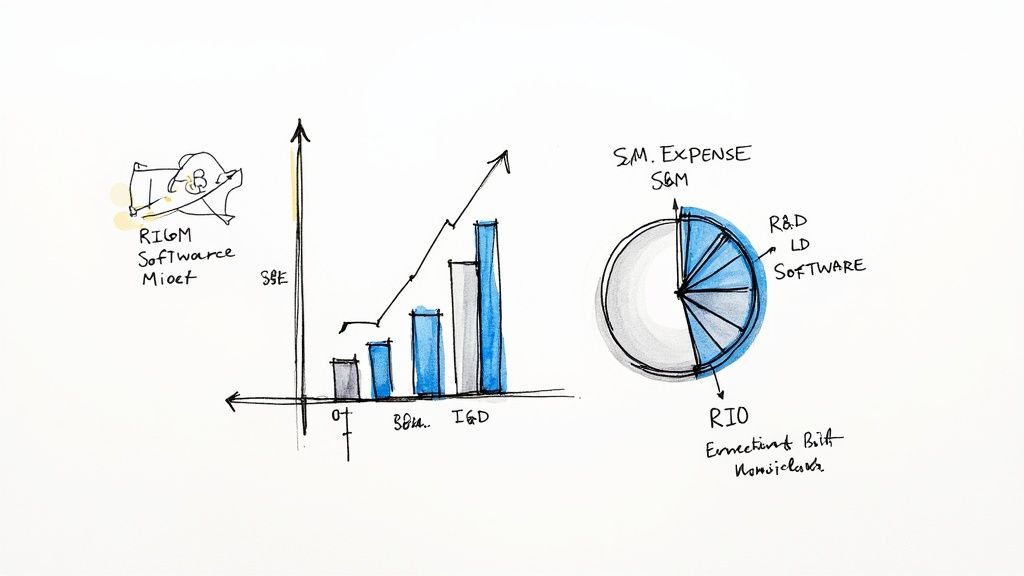 Business expense visualization showing growth chart and pie chart with software categories and departments