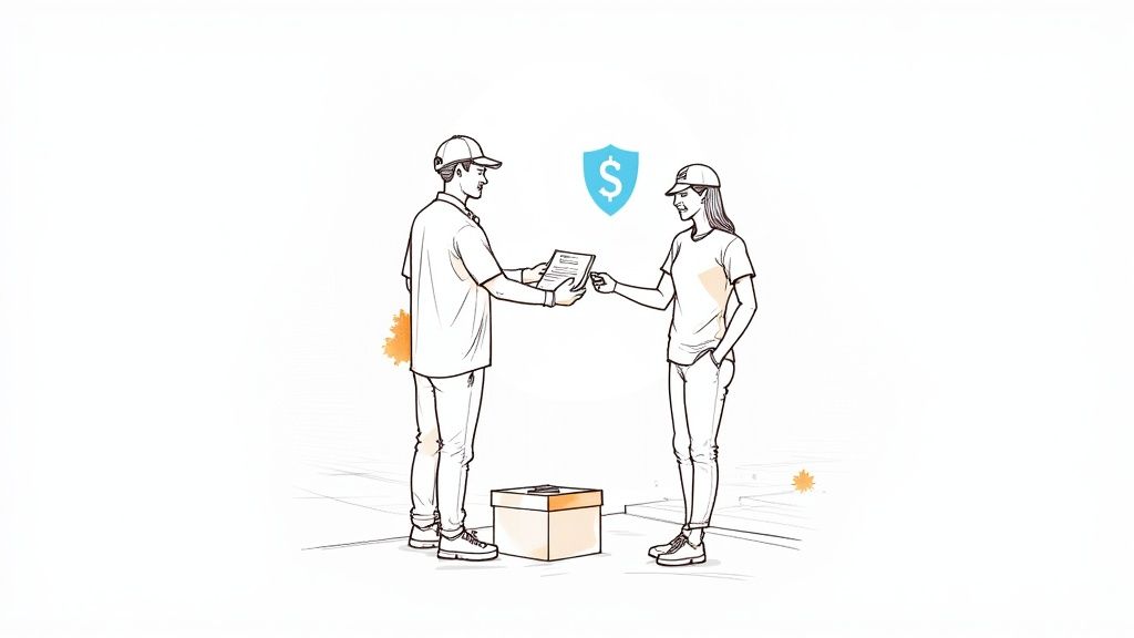 A delivery driver handing a package to a customer at their doorstep, both smiling.