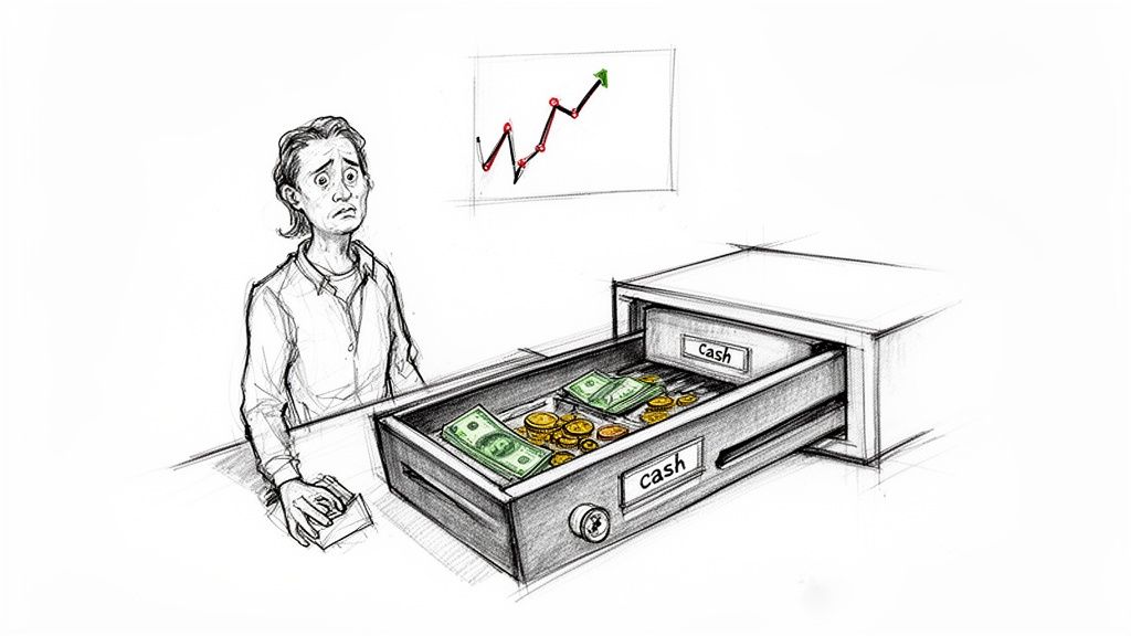 A worried person looks at an open cash register drawer full of money, with a rising trend graph above.