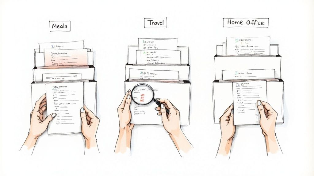 Hands organizing business receipts into categorized filing systems for meals, travel, and home office expenses